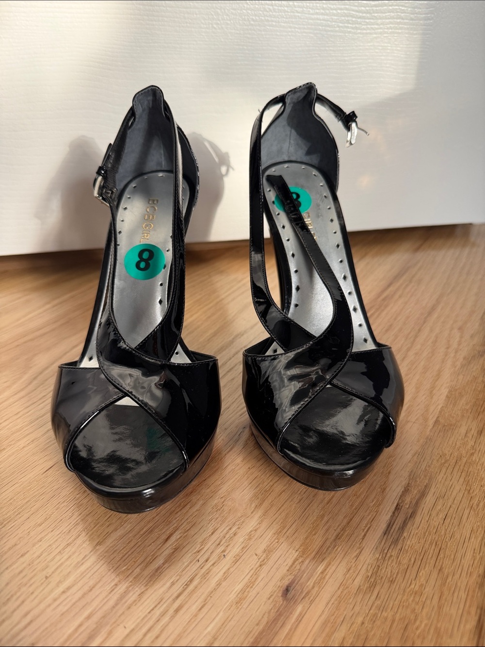 BCBGirls Black Patent Peep-Toe Slingback Heels